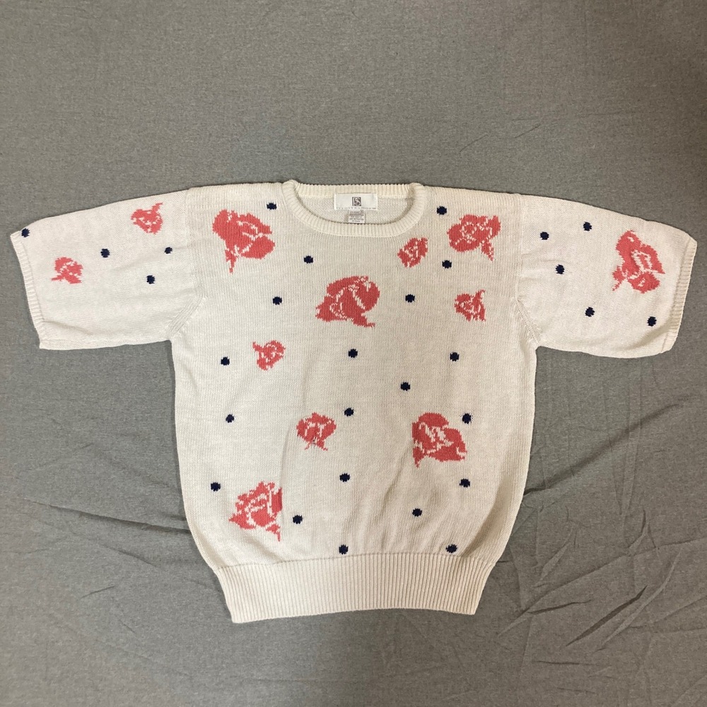 Vintage Illustrations Pink Rose Polka Dot Knit Short Sleeve Sweater Cream Medium